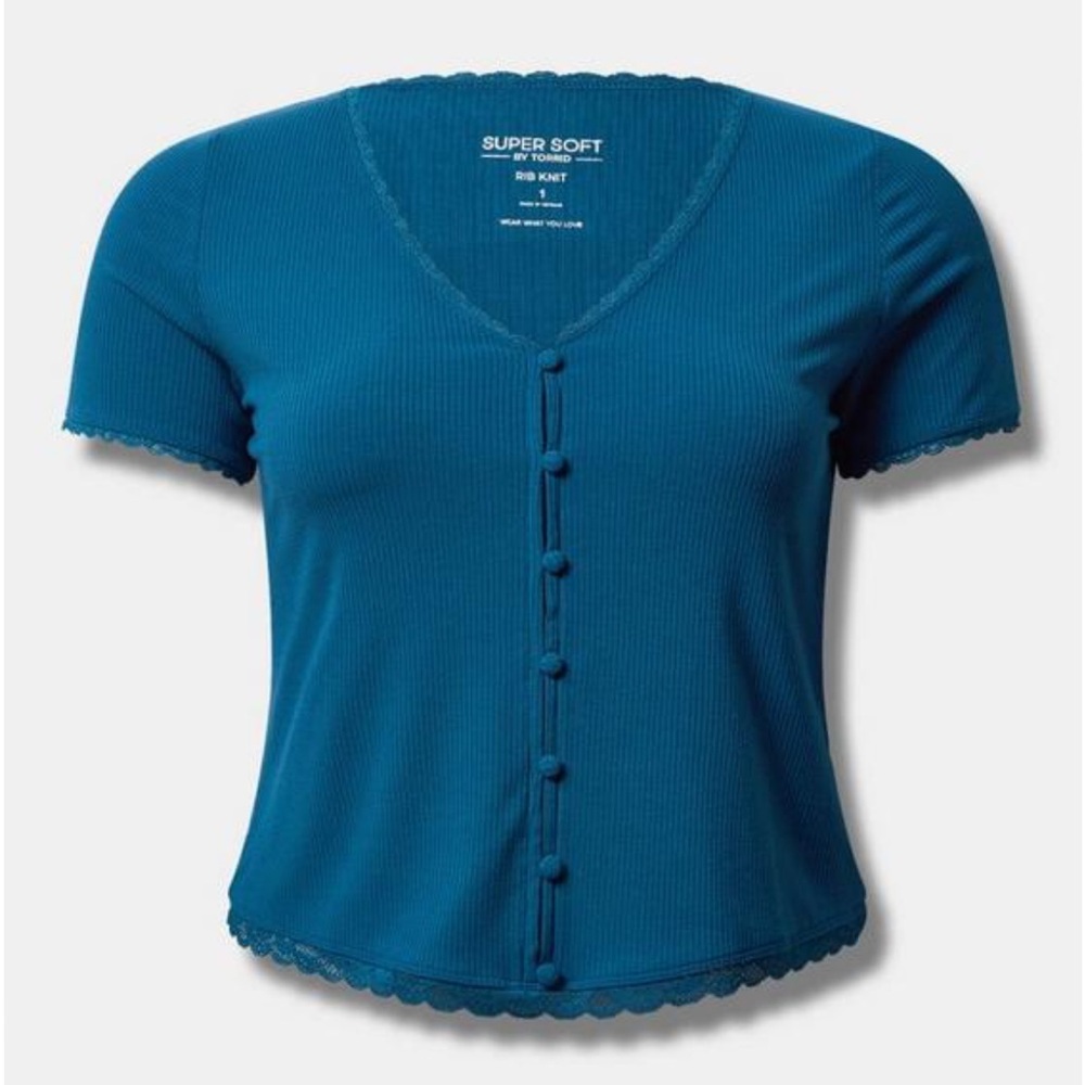 Torrid Fitted Supersoft Rib V-Neck Lace Trim Button Crop Tee